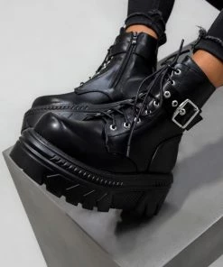 ELG SHOES STORMY Chunky Lace Up Platform Ankle Boots - Black