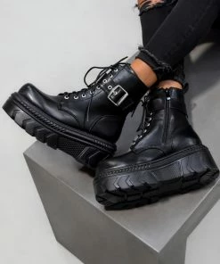 ELG SHOES STORMY Chunky Lace Up Platform Ankle Boots - Black