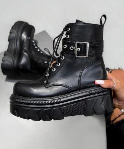 ELG SHOES STORMY Chunky Lace Up Platform Ankle Boots - Black