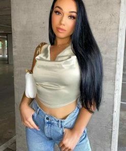 PUR Satin Cowl Neck Crop Top - Sage CLOTHING