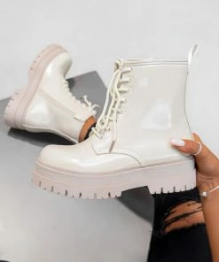 DMF TAKE IT Lace Up Chunky Boots - Beige Patent SHOES