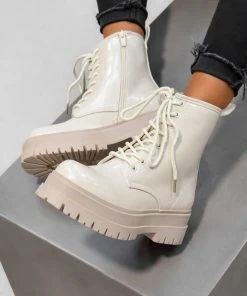 DMF TAKE IT Lace Up Chunky Boots - Beige Patent SHOES
