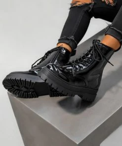 DMF SHOES TAKE IT Lace Up Chunky Boots - Black Patent