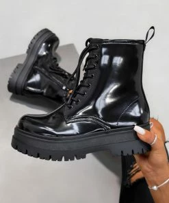 DMF SHOES TAKE IT Lace Up Chunky Boots - Black Patent