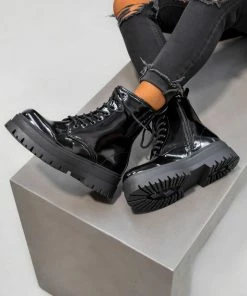 DMF SHOES TAKE IT Lace Up Chunky Boots - Black Patent
