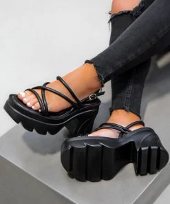 NDS TALIA Chunky Platform Sandals - Black PU SHOES