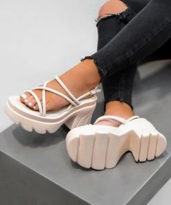 NDS TALIA Chunky Platform Sandals - Cream PU SHOES