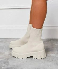 DMF TASMIN Chunky Sock Fit Ankle Boots - Beige SHOES