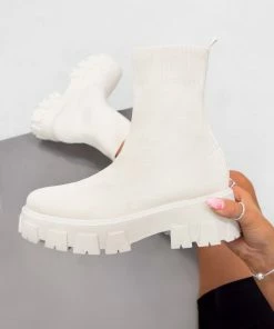 DMF TASMIN Chunky Sock Fit Ankle Boots - Beige SHOES