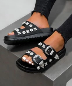 DMF SHOES TEXAS Chunky Studded Buckle Sandals - Black