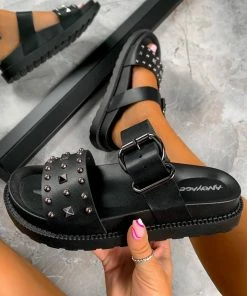 AJ Voyage Footwear SHOES TOLD YOU Chunky Studded Buckle Sandals - Black