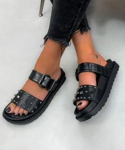 LIV TOLD YOU Chunky Studded Buckle Sandals - Black Croc SHOES