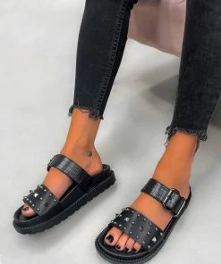 LIV TOLD YOU Chunky Studded Buckle Sandals - Black Croc SHOES