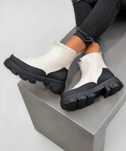 DMF TOUGH LOVE Zip Front Ankle Boots - Beige PU SHOES