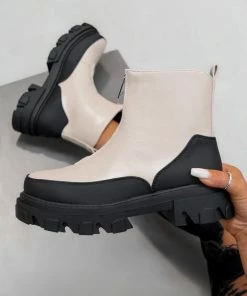 DMF TOUGH LOVE Zip Front Ankle Boots - Beige PU SHOES