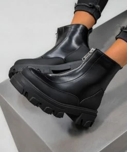 DMF SHOES TOUGH LOVE Zip Front Ankle Boots - Black PU