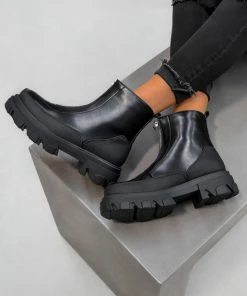 DMF SHOES TOUGH LOVE Zip Front Ankle Boots - Black PU