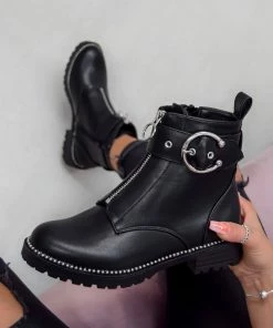 NDS TRINA Zip Front Biker Ankle Boots - Black PU