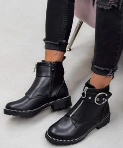 NDS TRINA Zip Front Biker Ankle Boots - Black PU