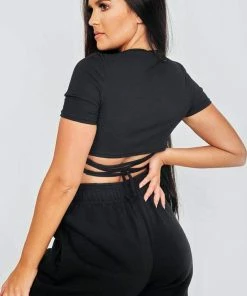 SWD Tie Back Forever Print Rib Crop Top - Black CLOTHING
