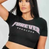 SWD Tie Back Forever Print Rib Crop Top - Black CLOTHING