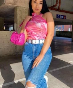 PUR Tie Dye High Neck Mesh Bodysuit - Pink