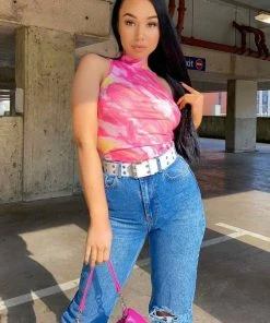 PUR Tie Dye High Neck Mesh Bodysuit - Pink