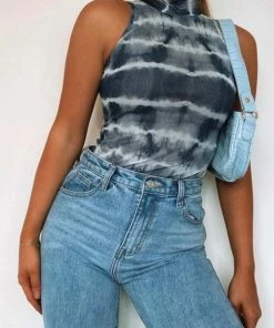 AJ Voyage Tops CLOTHING Tie Dye Mesh Sleeveless Bodysuit - Blue/Grey