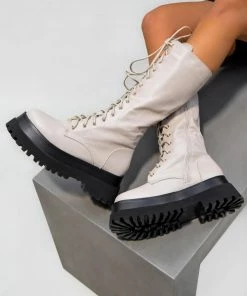 NDS UPROAR Chunky Lace Up Midi Boots - Beige SHOES