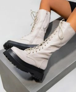 NDS UPROAR Chunky Lace Up Midi Boots - Beige SHOES