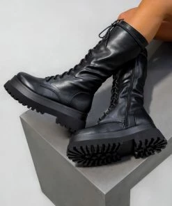 NDS UPROAR Chunky Lace Up Midi Boots - Black PU