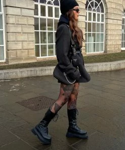 NDS UPROAR Chunky Lace Up Midi Boots - Black PU