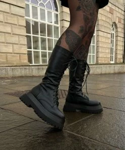 NDS UPROAR Chunky Lace Up Midi Boots - Black PU