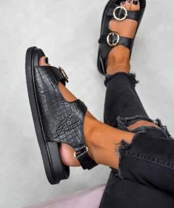 NDS VACATE Chunky Ring Buckle Sandals - Black Croc SHOES