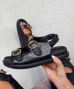 NDS VACATE Chunky Ring Buckle Sandals - Black Croc SHOES