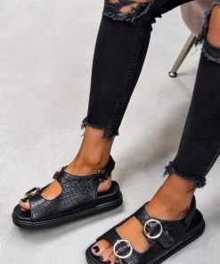 NDS VACATE Chunky Ring Buckle Sandals - Black Croc SHOES