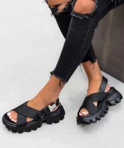 DMF SHOES VENOM Chunky Cross Over Chunky Sandals - Black