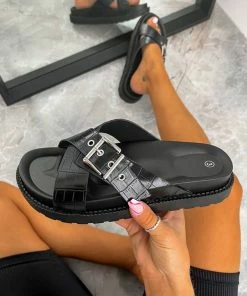 LIV VENUS Chunky Buckle Detail Sandals - Black Croc SHOES