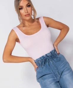 AJ Voyage Tops VIENNA Rib Knit Scoop Neck Bodysuit - Pink