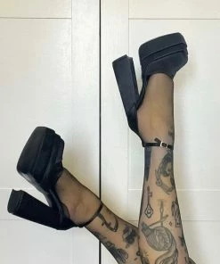 NDS VIENNA Super Chunky Platform Heels - Black Satin SHOES