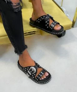 DMF SHOES WHO KNEW Chunky Studded Western Buckle Sandals - Black/Silver