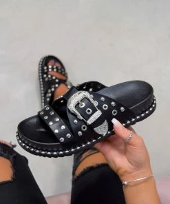 DMF SHOES WHO KNEW Chunky Studded Western Buckle Sandals - Black/Silver