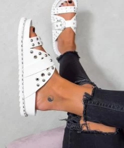 AJ Voyage Footwear WHO KNEW Chunky Studded Western Buckle Sandals - White/Silver