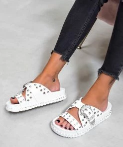 AJ Voyage Footwear WHO KNEW Chunky Studded Western Buckle Sandals - White/Silver