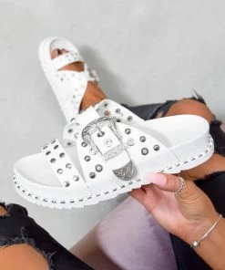 AJ Voyage Footwear WHO KNEW Chunky Studded Western Buckle Sandals - White/Silver