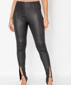 PAR CLOTHING Wet Look Split Front Leggings - Black
