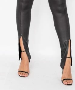 PAR CLOTHING Wet Look Split Front Leggings - Black