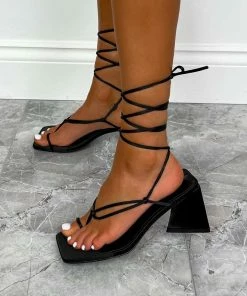 NDS ZINA Lace Up Flared Block Mid Heels - Black SHOES