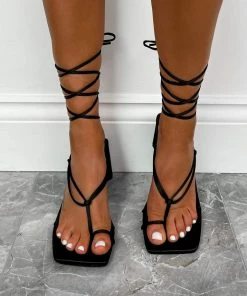 NDS ZINA Lace Up Flared Block Mid Heels - Black SHOES