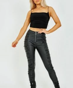 SWD Zip Front Ruched Trouser PU - Black CLOTHING